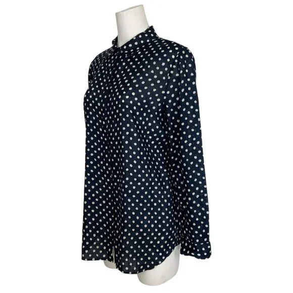 Lafayette 148 Linen Button Front Shirt L Blue Polka Dot - Picture 3 of 16